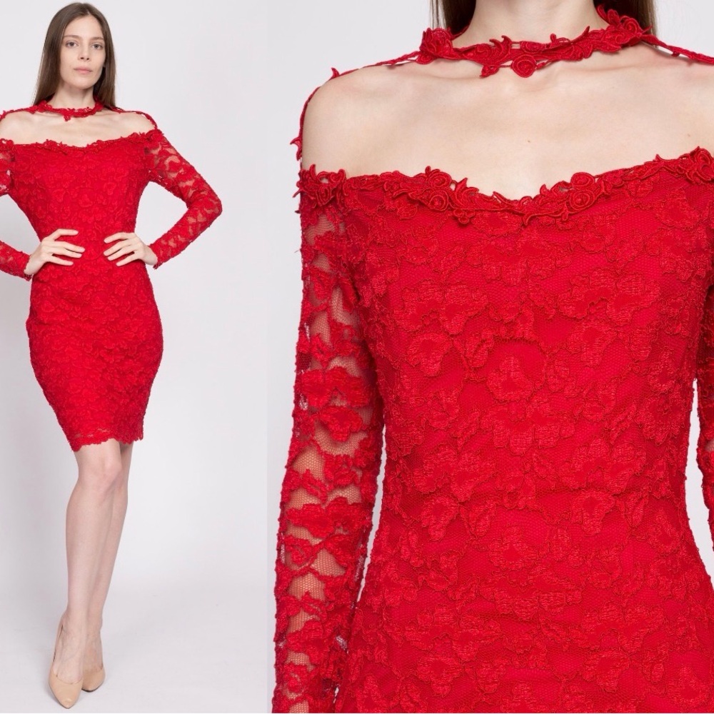 Vintage 80s Red cocktail dress, off-the shoulder smolder. All that Jazz!